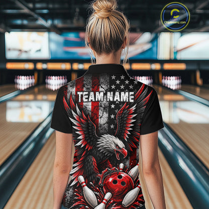 Custom Red Grunge American Flag Patriotic Eagle Bowling Shirt For Women, Retro Bowling Team Jersey TDM7748