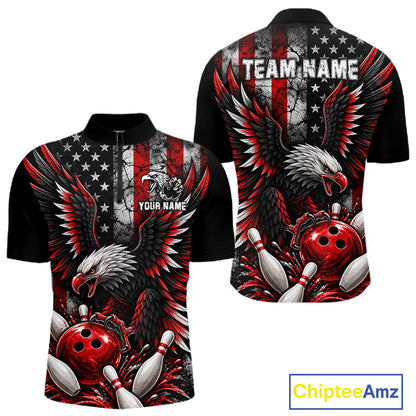 Custom Red Grunge American Flag Patriotic Eagle Bowling Shirt For Men, Retro Bowling Team Jersey TDM7748