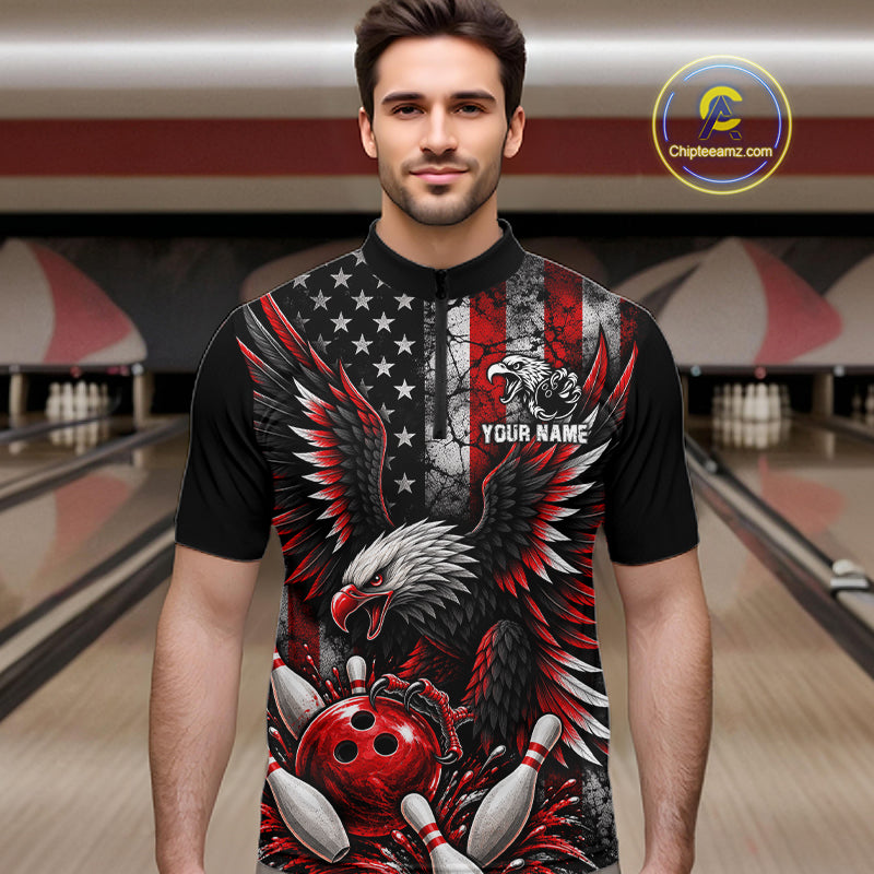 Custom Red Grunge American Flag Patriotic Eagle Bowling Shirt For Men, Retro Bowling Team Jersey TDM7748