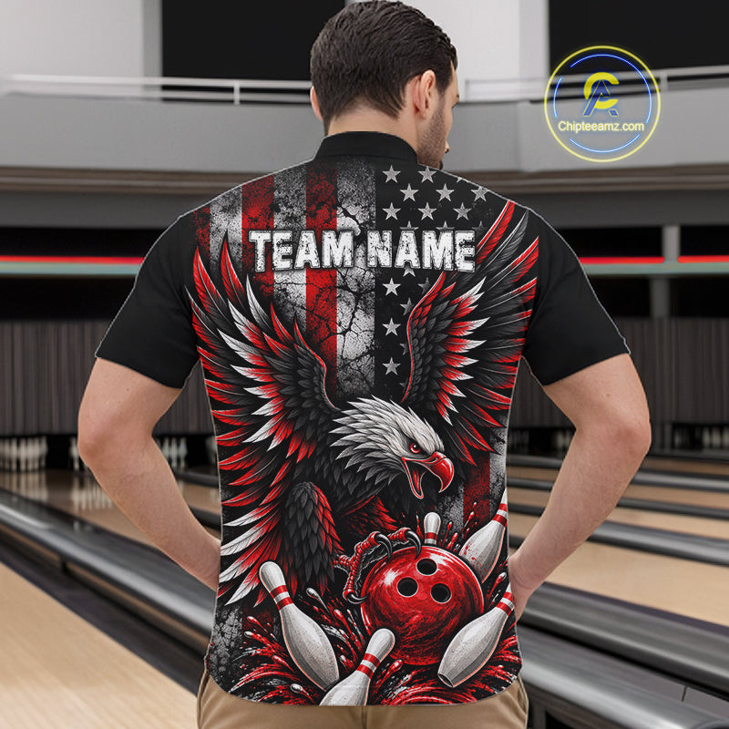 Custom Red Grunge American Flag Patriotic Eagle Bowling Shirt For Men, Retro Bowling Team Jersey TDM7748