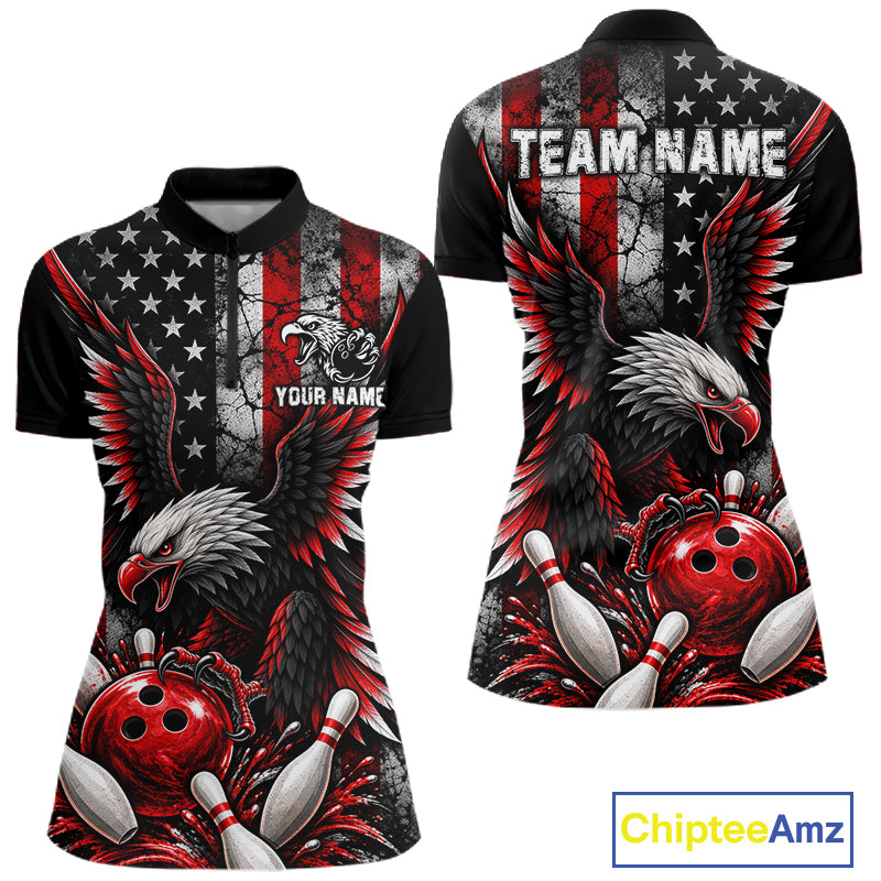 Custom Red Grunge American Flag Patriotic Eagle Bowling Shirt For Women, Retro Bowling Team Jersey TDM7748