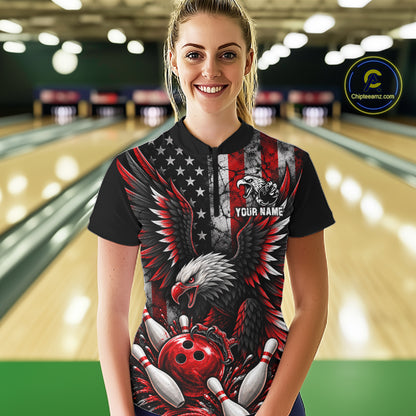 Custom Red Grunge American Flag Patriotic Eagle Bowling Shirt For Women, Retro Bowling Team Jersey TDM7748