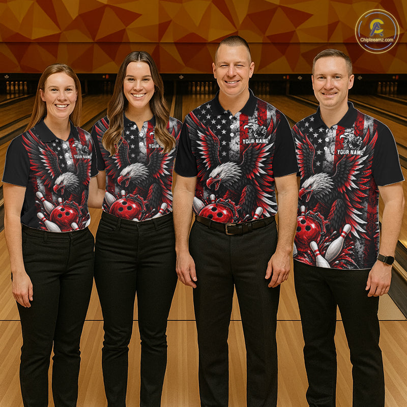 Custom Red Grunge American Flag Patriotic Eagle Bowling Shirt For Men, Retro Bowling Team Jersey TDM7748