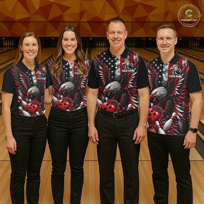 Custom Red Grunge American Flag Patriotic Eagle Bowling Shirt For Men, Retro Bowling Team Jersey TDM7748