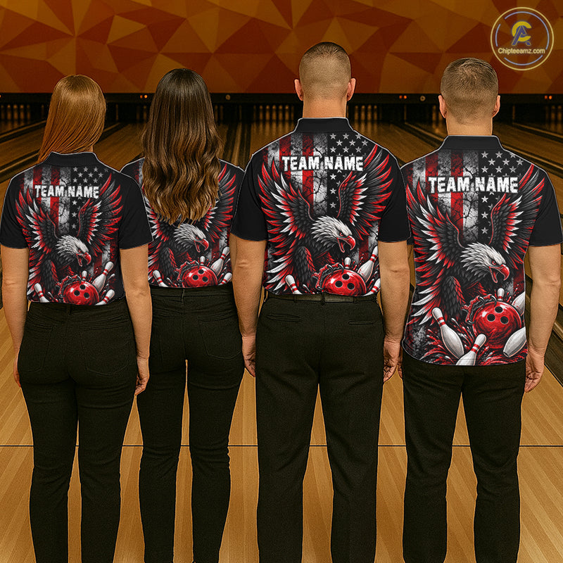 Custom Red Grunge American Flag Patriotic Eagle Bowling Shirt For Men, Retro Bowling Team Jersey TDM7748