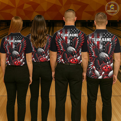 Custom Red Grunge American Flag Patriotic Eagle Bowling Shirt For Men, Retro Bowling Team Jersey TDM7748