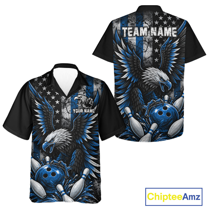 Custom Blue Grunge American Flag Eagle Patriotic Bowling Hawaiian Shirt, Retro Bowling Team Jersey TDM7749