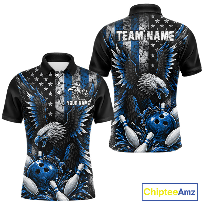 Custom Blue Grunge US Flag Patriotic Eagle Bowling Shirt For Men, Retro Bowling Team Jersey TDM7749