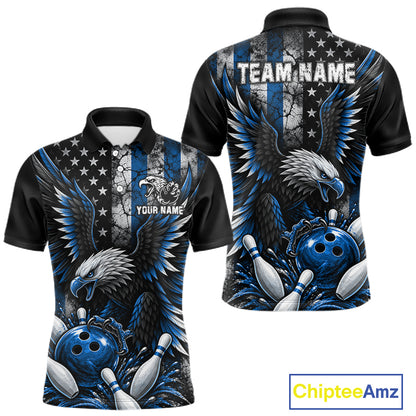 Custom Blue Grunge US Flag Patriotic Eagle Bowling Shirt For Men, Retro Bowling Team Jersey TDM7749