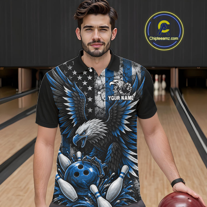 Custom Blue Grunge US Flag Patriotic Eagle Bowling Shirt For Men, Retro Bowling Team Jersey TDM7749