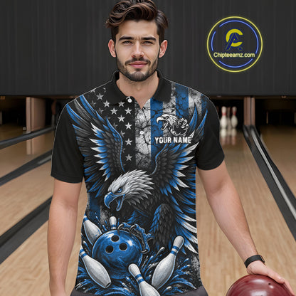 Custom Blue Grunge US Flag Patriotic Eagle Bowling Shirt For Men, Retro Bowling Team Jersey TDM7749