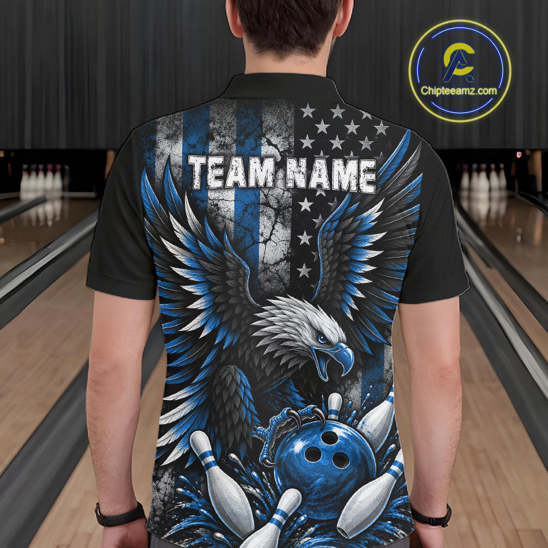 Custom Blue Grunge US Flag Patriotic Eagle Bowling Shirt For Men, Retro Bowling Team Jersey TDM7749