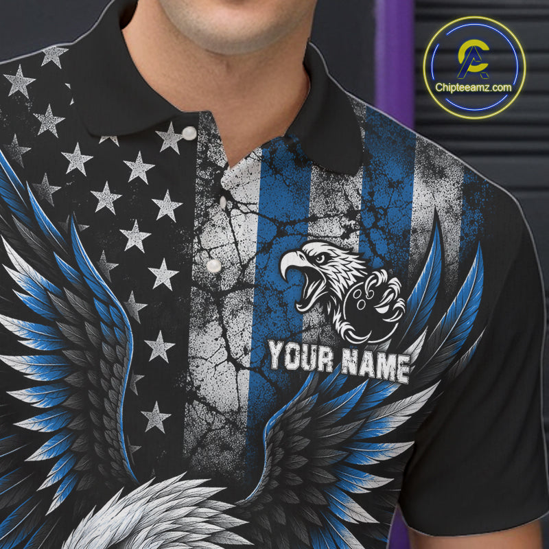 Custom Blue Grunge US Flag Patriotic Eagle Bowling Shirt For Men, Retro Bowling Team Jersey TDM7749