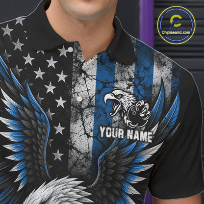 Custom Blue Grunge US Flag Patriotic Eagle Bowling Shirt For Men, Retro Bowling Team Jersey TDM7749