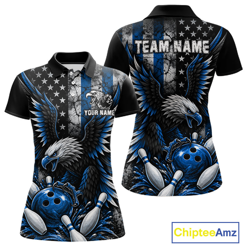 Custom Blue Grunge US Flag Patriotic Eagle Bowling Shirt For Women, Retro Bowling Team Jersey TDM7749