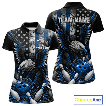 Custom Blue Grunge US Flag Patriotic Eagle Bowling Shirt For Women, Retro Bowling Team Jersey TDM7749