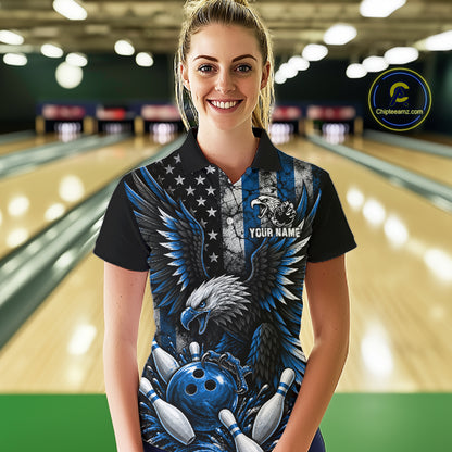 Custom Blue Grunge US Flag Patriotic Eagle Bowling Shirt For Women, Retro Bowling Team Jersey TDM7749