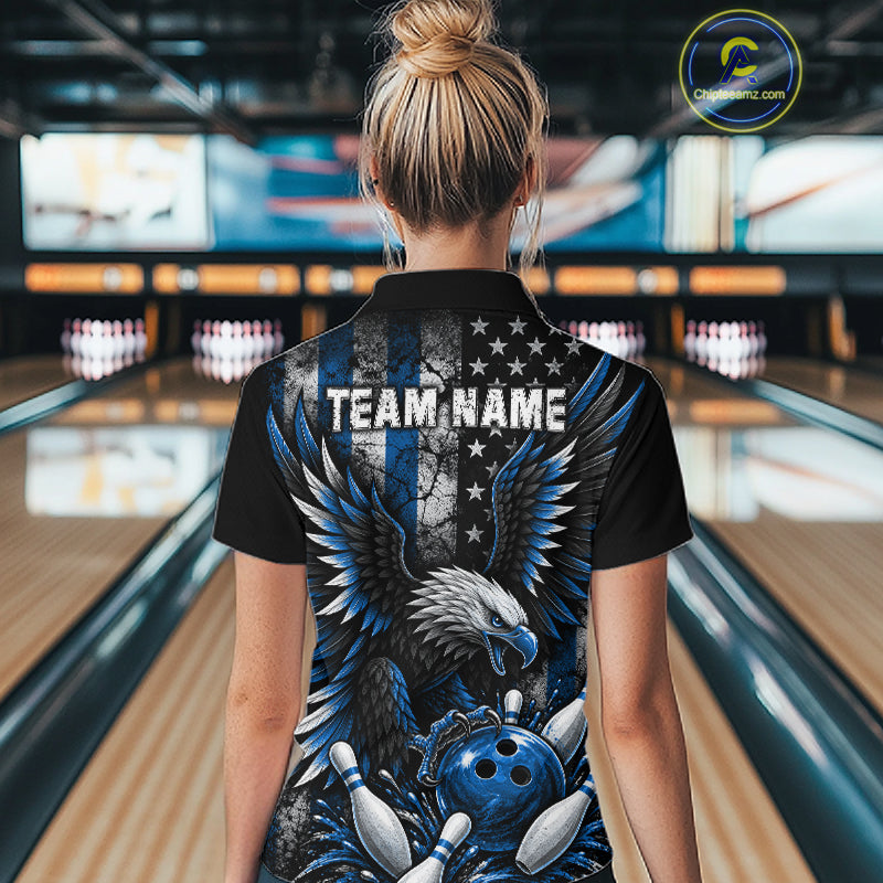 Custom Blue Grunge US Flag Patriotic Eagle Bowling Shirt For Women, Retro Bowling Team Jersey TDM7749