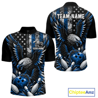 Custom Blue Grunge US Flag Patriotic Eagle Bowling Shirt For Men, Retro Bowling Team Jersey TDM7749