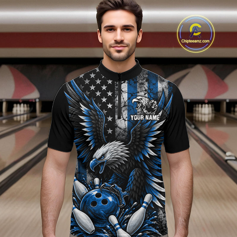 Custom Blue Grunge US Flag Patriotic Eagle Bowling Shirt For Men, Retro Bowling Team Jersey TDM7749