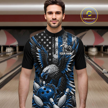 Custom Blue Grunge US Flag Patriotic Eagle Bowling Shirt For Men, Retro Bowling Team Jersey TDM7749