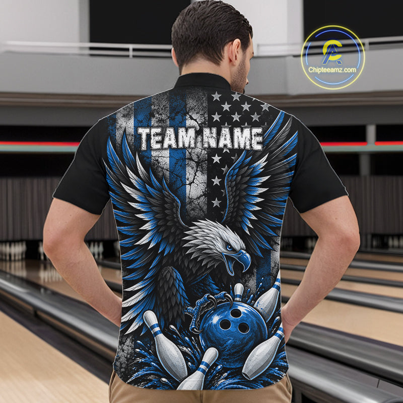 Custom Blue Grunge US Flag Patriotic Eagle Bowling Shirt For Men, Retro Bowling Team Jersey TDM7749