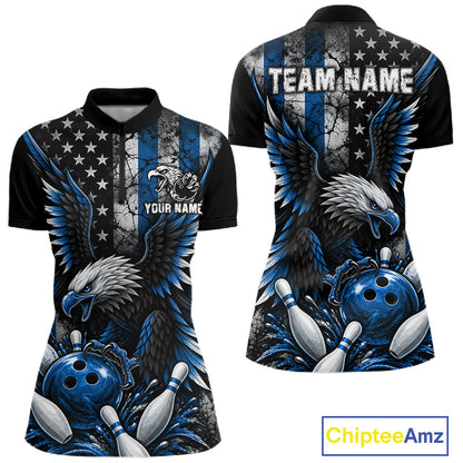 Custom Blue Grunge US Flag Patriotic Eagle Bowling Shirt For Women, Retro Bowling Team Jersey TDM7749