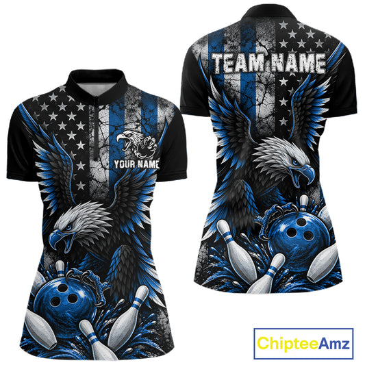 Custom Blue Grunge US Flag Patriotic Eagle Bowling Shirt For Women, Retro Bowling Team Jersey TDM7749