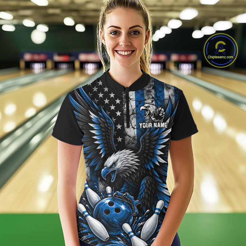 Custom Blue Grunge US Flag Patriotic Eagle Bowling Shirt For Women, Retro Bowling Team Jersey TDM7749