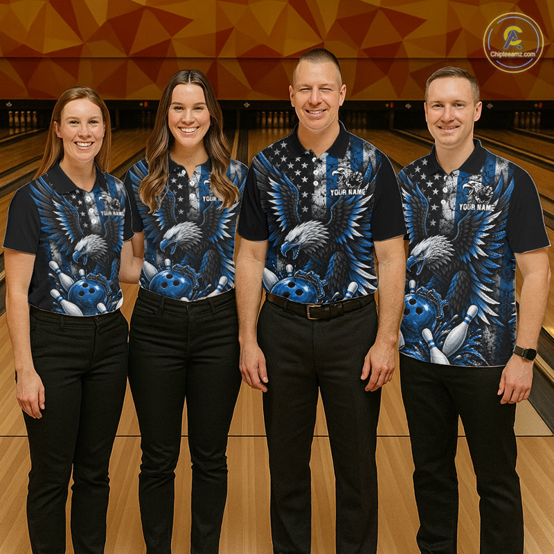 Custom Blue Grunge US Flag Patriotic Eagle Bowling Shirt For Men, Retro Bowling Team Jersey TDM7749