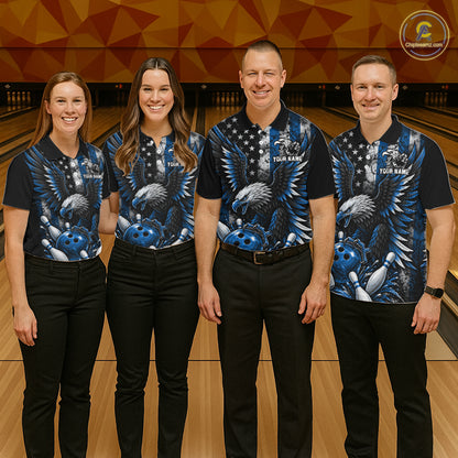 Custom Blue Grunge US Flag Patriotic Eagle Bowling Shirt For Men, Retro Bowling Team Jersey TDM7749