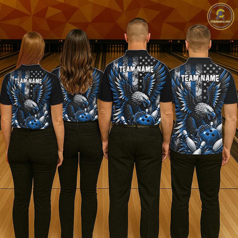 Custom Blue Grunge US Flag Patriotic Eagle Bowling Shirt For Men, Retro Bowling Team Jersey TDM7749