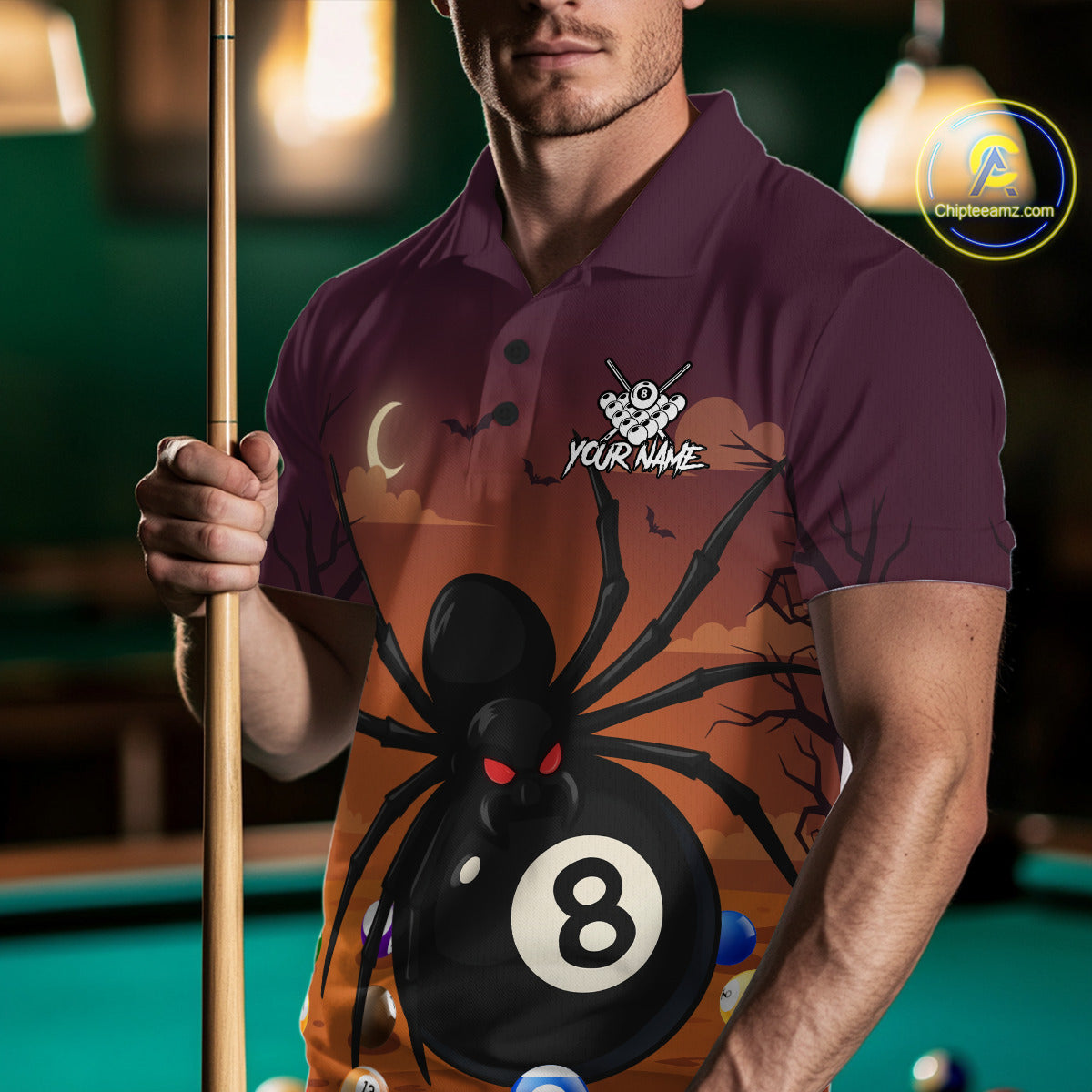 Orange Funny Spider Pool Balls Billiard Shirt For Men Custom 8 Ball Halloween Billiard Apparel TDM4927