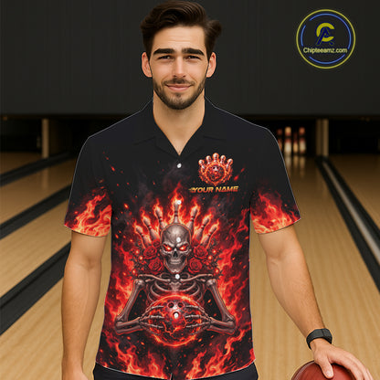 Black And Red Flaming Skeleton And Roses Bowling Hawaiian Shirt Custom Gothic Bowling Team Jersey TDM8070