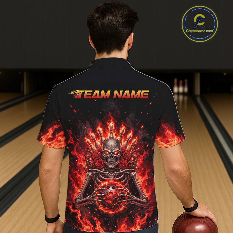 Black And Red Flaming Skeleton And Roses Bowling Hawaiian Shirt Custom Gothic Bowling Team Jersey TDM8070