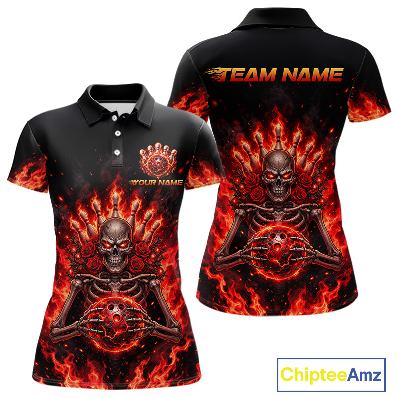 Black And Red Flaming Skeleton And Roses Bowling Shirts For Women Custom Gothic Bowling Team Jersey TDM8070