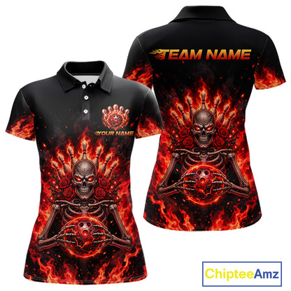 Black And Red Flaming Skeleton And Roses Bowling Shirts For Women Custom Gothic Bowling Team Jersey TDM8070