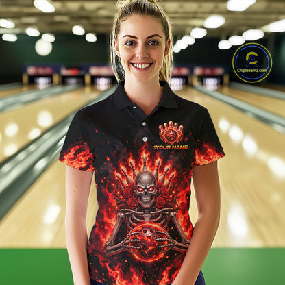 Black And Red Flaming Skeleton And Roses Bowling Shirts For Women Custom Gothic Bowling Team Jersey TDM8070