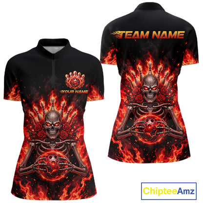 Black And Red Flaming Skeleton And Roses Bowling Shirts For Women Custom Gothic Bowling Team Jersey TDM8070