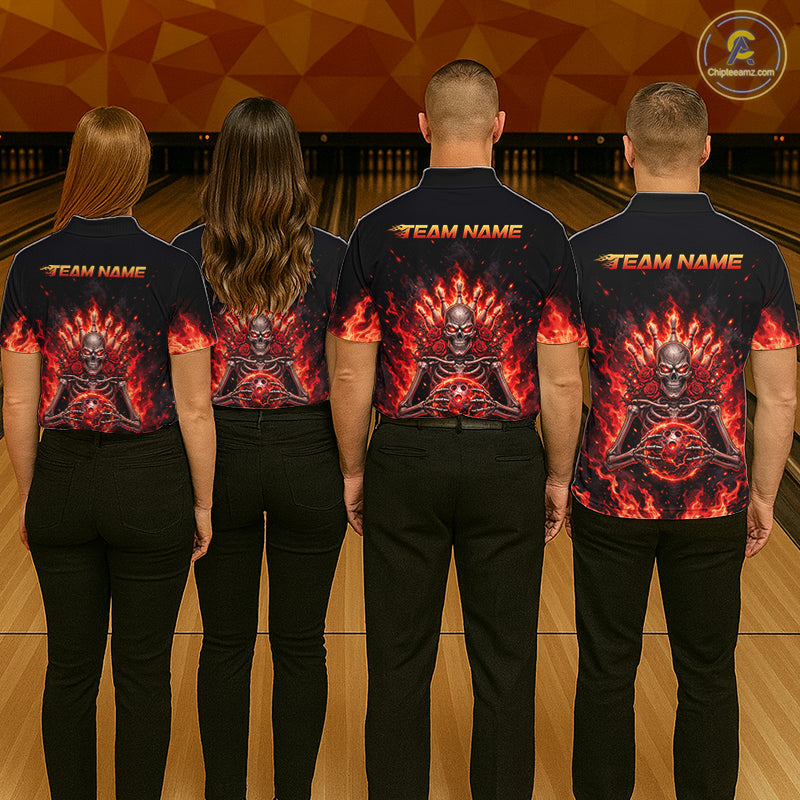 Black And Red Flaming Skeleton And Roses Bowling Shirts For Women Custom Gothic Bowling Team Jersey TDM8070