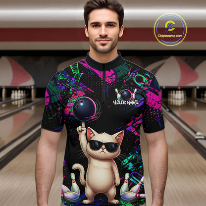 Custom Funny Cat Graffiti Bowling Shirt For Men, Personalized Bowling Team Jersey Polo & 1/4 Zip TDM6455