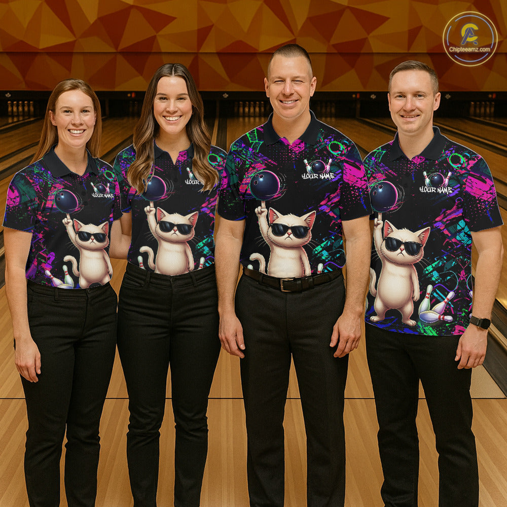 Custom Funny Cat Graffiti Bowling Shirt For Men, Personalized Bowling Team Jersey Polo & 1/4 Zip TDM6455