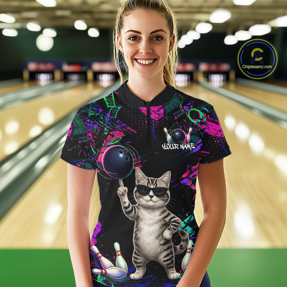 Personalized Funny Cat Graffiti Bowling Shirt For Women Custom Bowling Jersey Team Polo & 1/4 Zip TDM6456