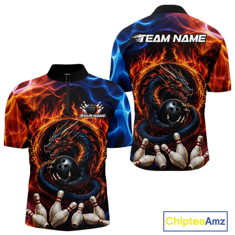 Personalized dragon fire flame bowling team jersey quarter zip shirt for men featuring fierce dragon and fire flame artwork, premium custom bowling apparel.