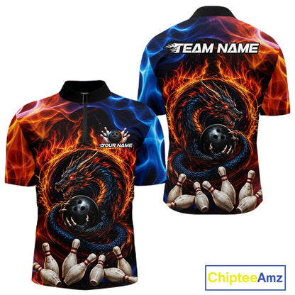 Personalized dragon fire flame bowling team jersey quarter zip shirt for men featuring fierce dragon and fire flame artwork, premium custom bowling apparel.