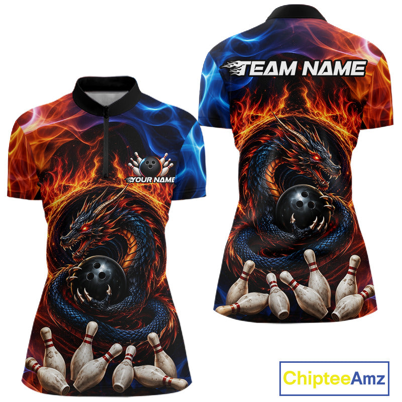 Personalized dragon fire flame bowling team jersey quarter zip shirt for women featuring fierce dragon and fire flame artwork, premium custom bowling apparel.