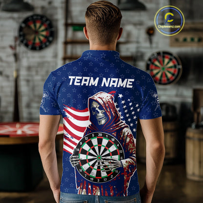 American Flag Grim Reaper Darts Shirt For Men Custom Patriotic Darts Jersey Team Polo & 1/4 Zip TDM5148