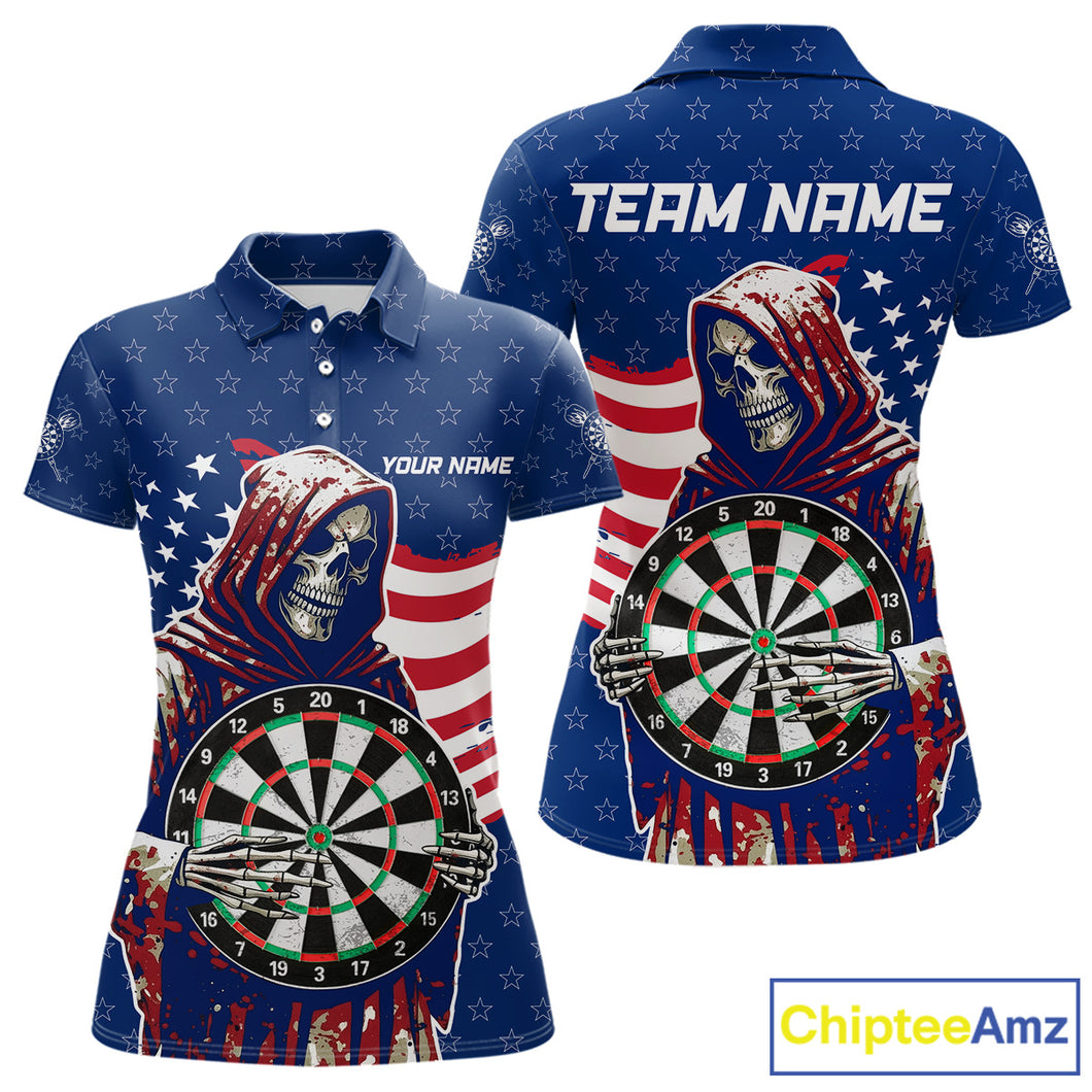 American Flag Grim Reaper Darts Shirt For Women Custom Patriotic Darts Jersey Team Polo & 1/4 Zip TDM5148