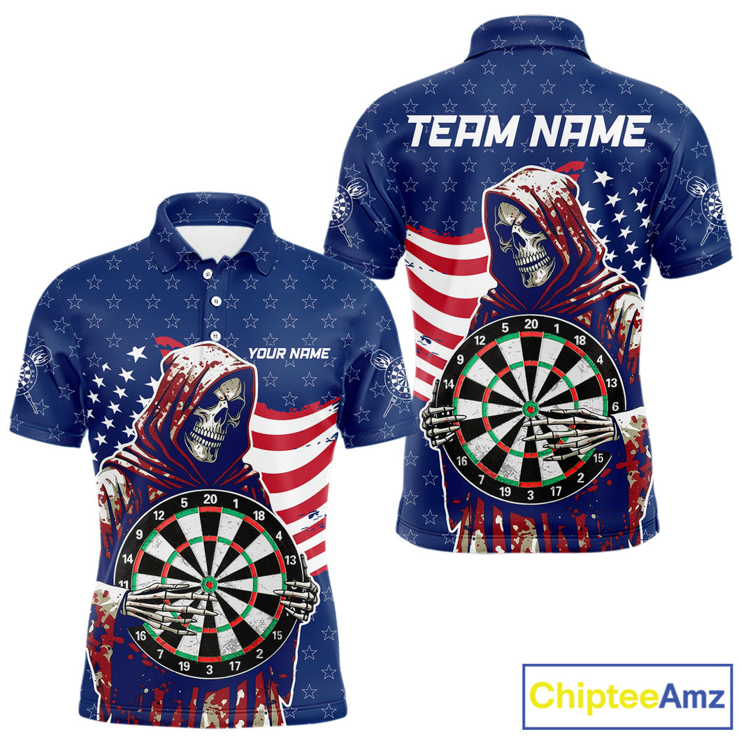 American Flag Grim Reaper Darts Shirt For Men Custom Patriotic Darts Jersey Team Polo & 1/4 Zip TDM5148