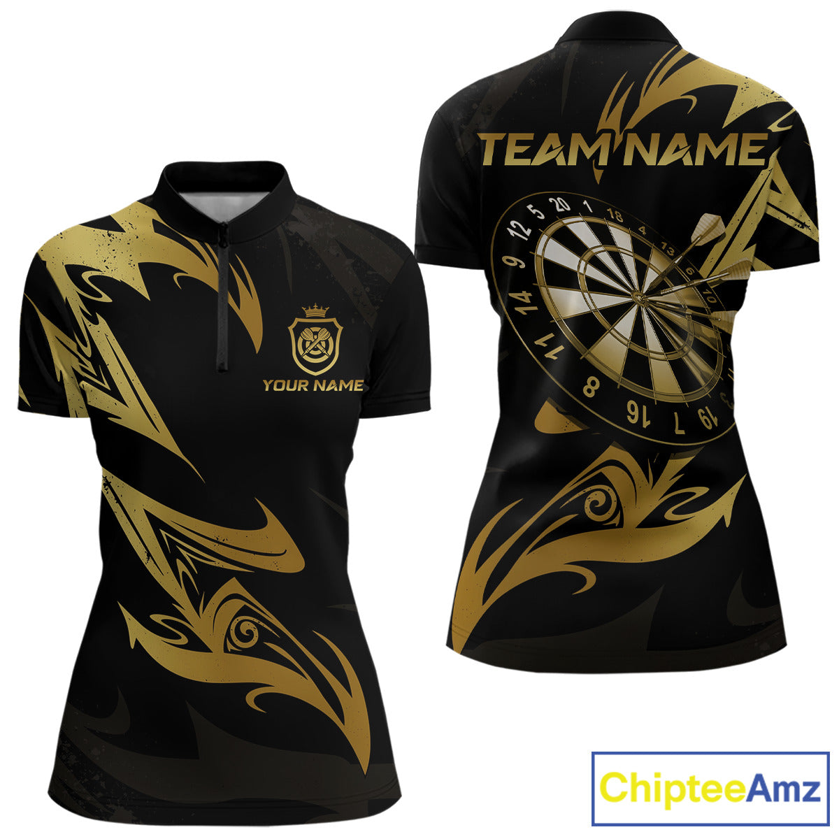 Black And Gold Dartboard Tribal Darts Polo & 1/4 Zip Custom Darts Shirt For Women, Darts Team Jersey TDM5366